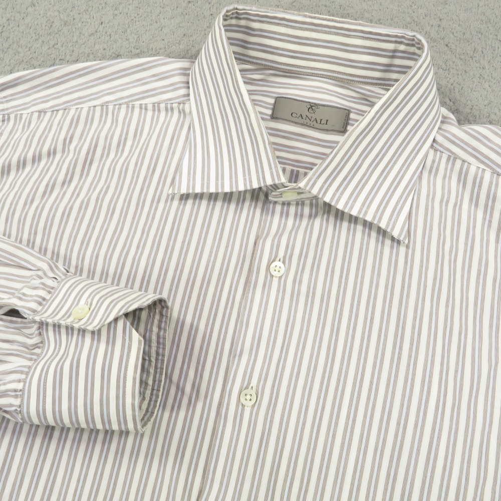 Canali 1934 Shirt Men 17.5 44 White Grey Light Blue Stripe Long Sleeve Button Up